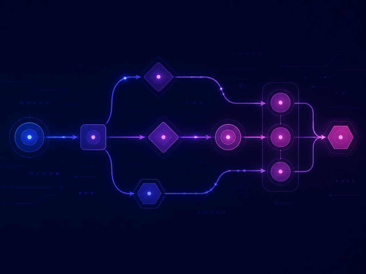 Abstract automation workflow diagram of connected nodes in GB.ITech brand colors