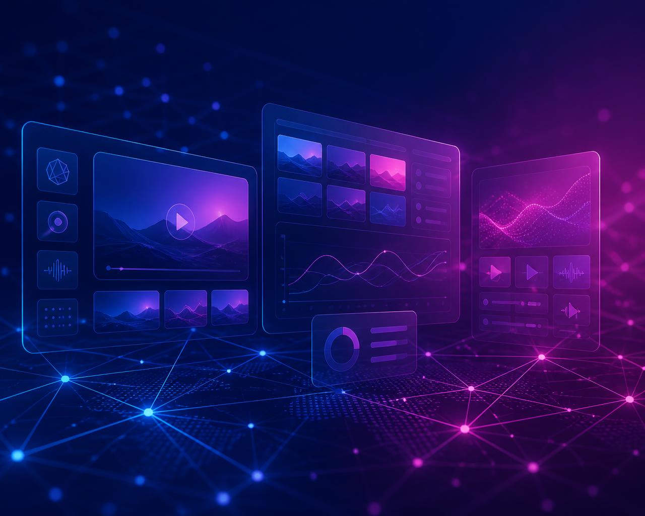 Abstract GB.ITech digital media operations visual with connected nodes and content panels