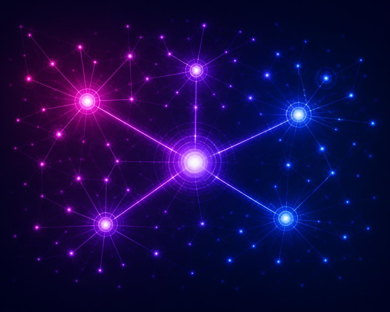 Abstract partnership network visual with connected hubs in GB.ITech brand colors